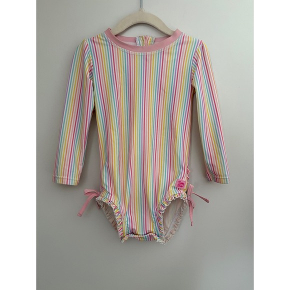 Ruffle Butts Other - Ruffle Butts 2T Rash Guard Swimsuit Long Sleeve Striped Pink Rainbow Swim Romper